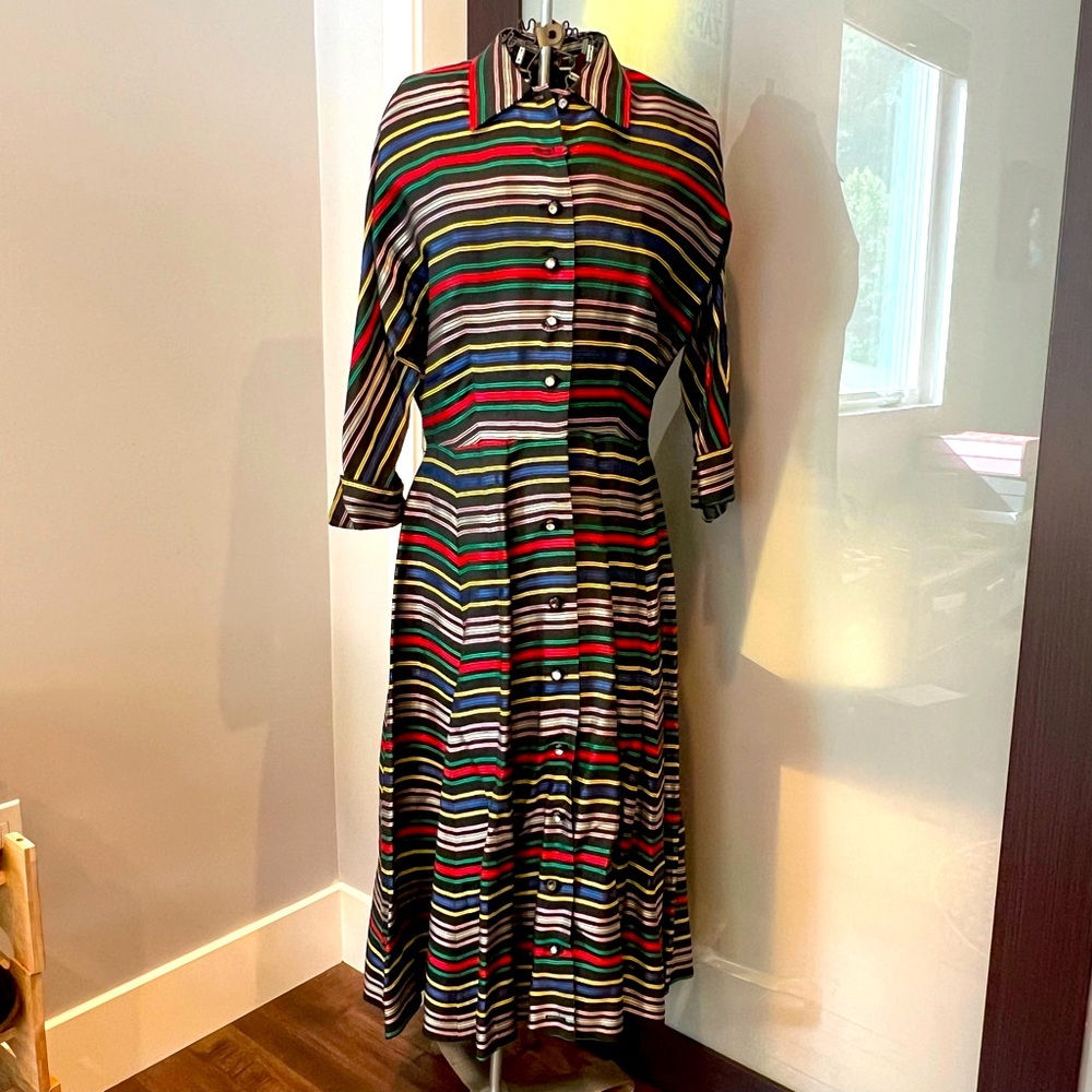 Vintage 1950’s Colorful Striped Textured Dress with 3/4 sleeves. Classic fit.